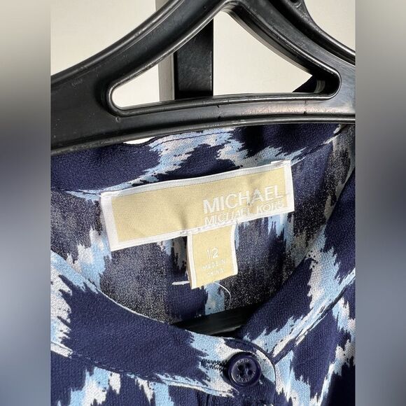 Michael Kors Ikat-Print Tiered Shirtdress midi dress size 12 blue large breasts - Picture 4 of 9